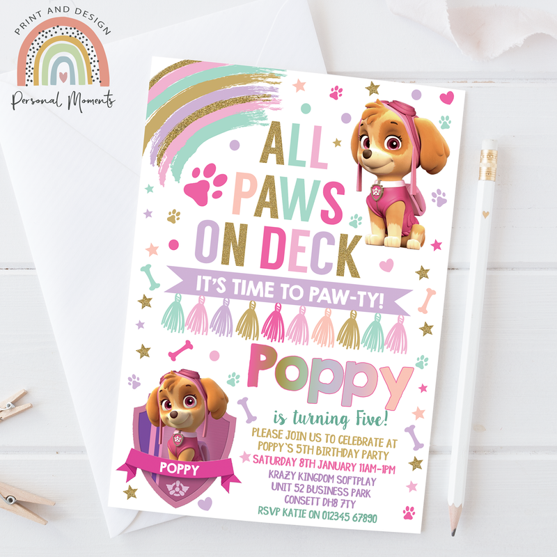 Personalised Rainbow-Themed Skye Paw Patrol Birthday Invitations for Girls