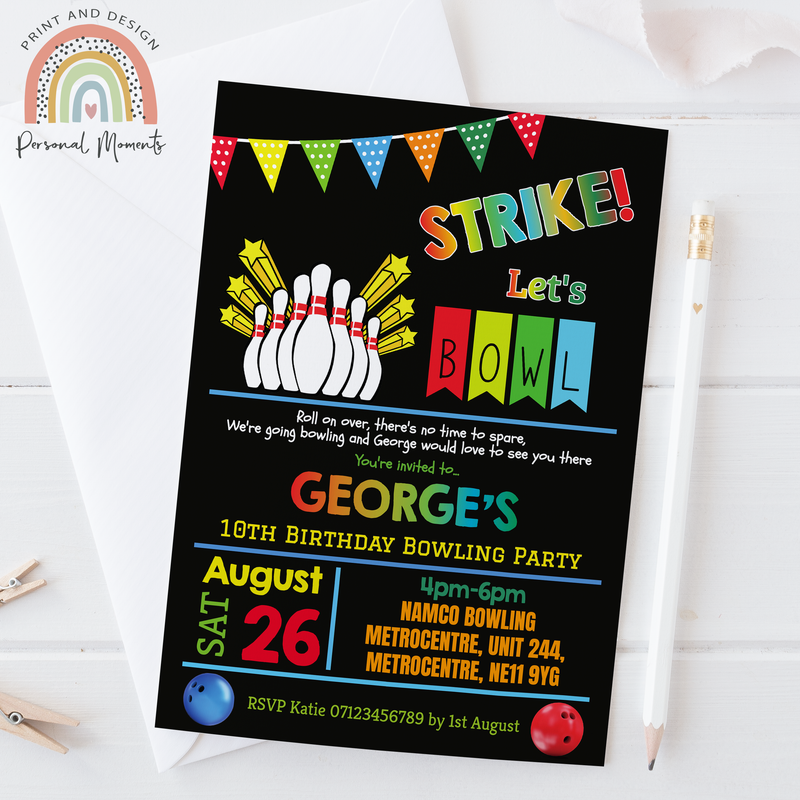 Personalised Boy Ten Pin Bowling Invitations Custom Bowling Party Invites