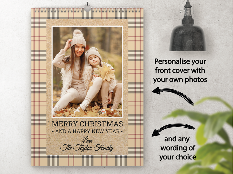Personalised A3 Wall Calendar 2025 – Classic Plaid & Rustic Family Design