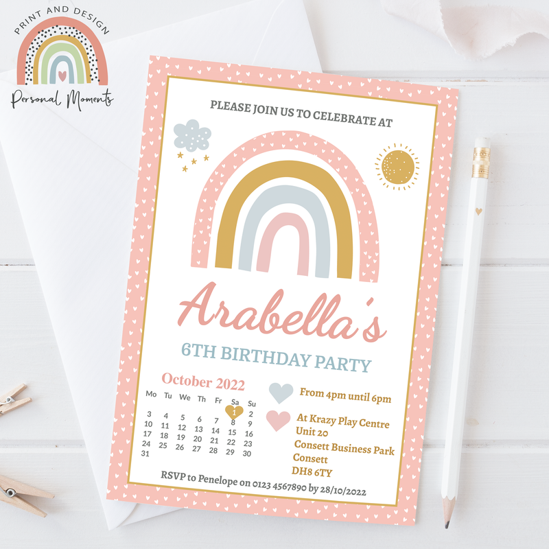 Personalised Pink Rainbow Birthday Invitations with Calendar