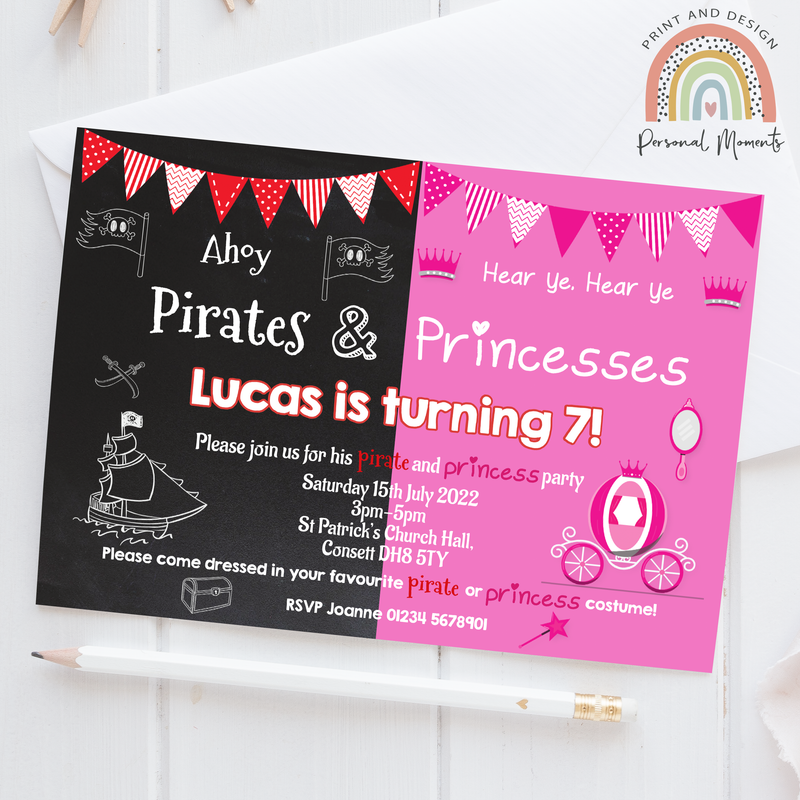 Personalised Priate & Princess Dual-Theme Birthday Invitations