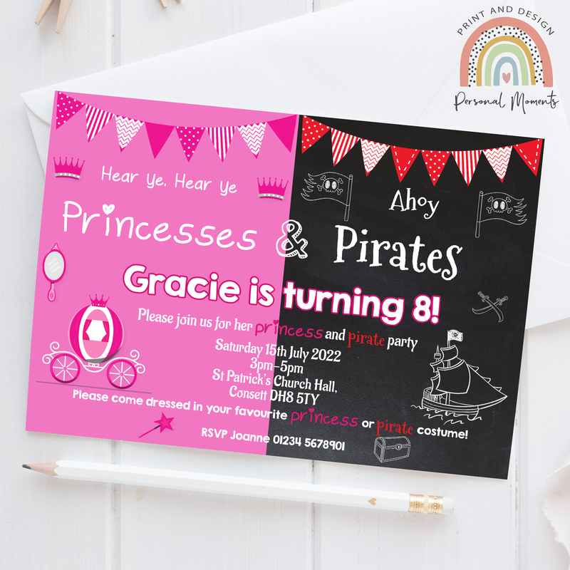 Dual-Themed Personalised Princess & Pirate Birthday Party Invitations