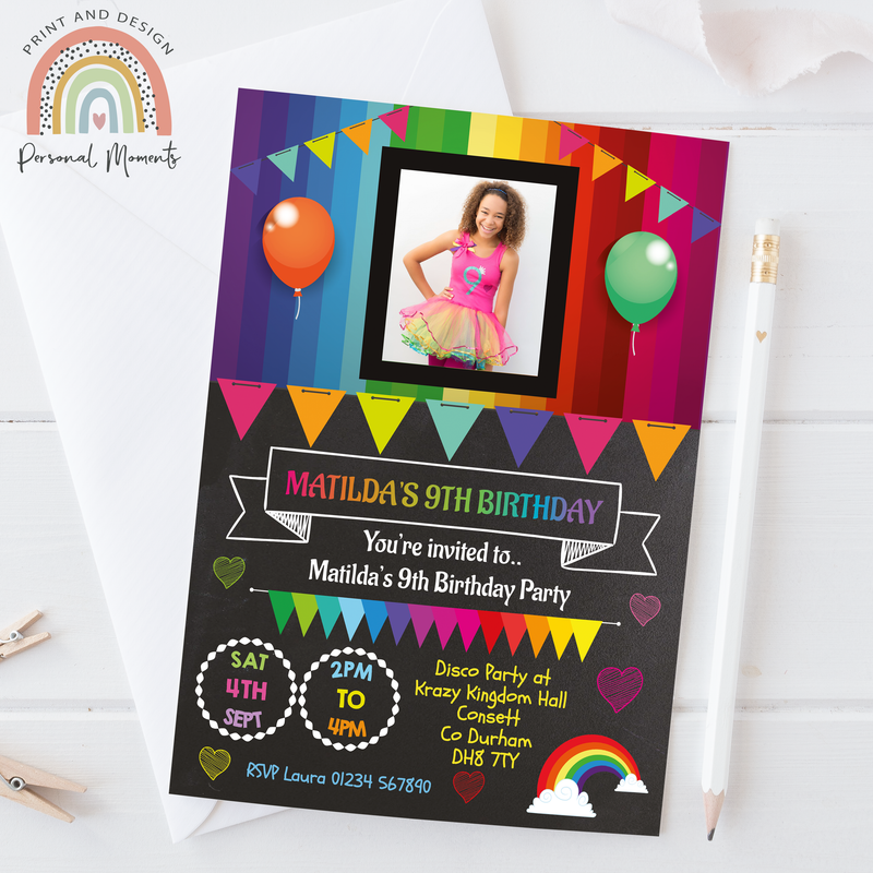 Personalised Disco Rainbow Party Invitations with Photo for Girls