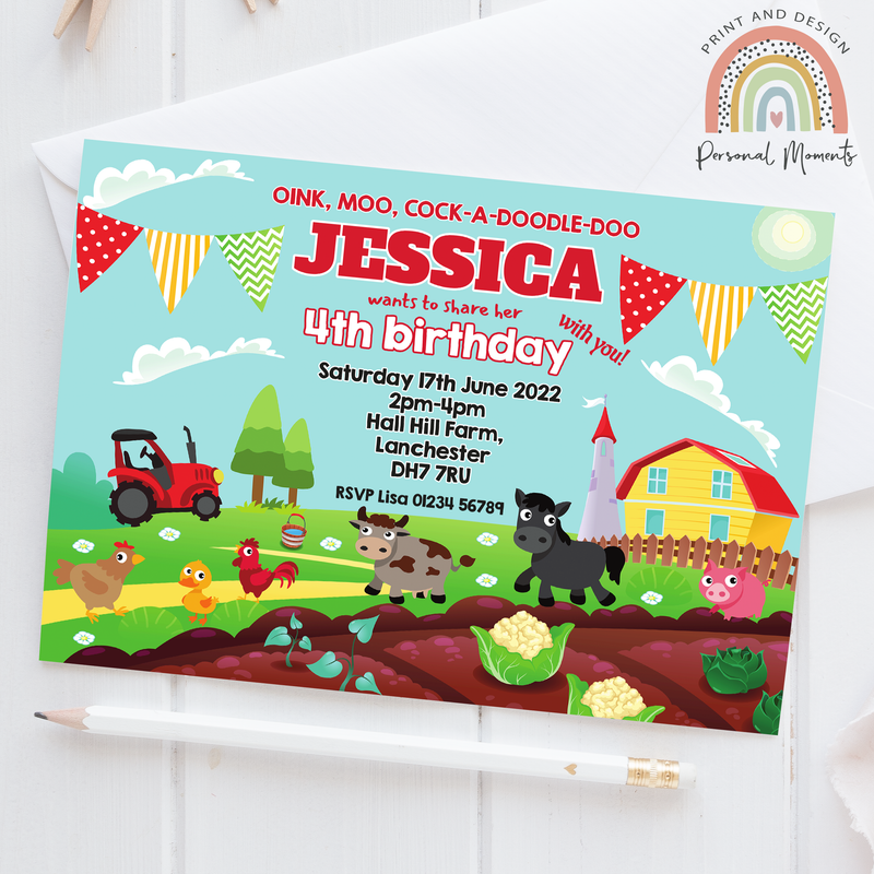 Personalised Farmyard Animals Birthday Party Invites- Red