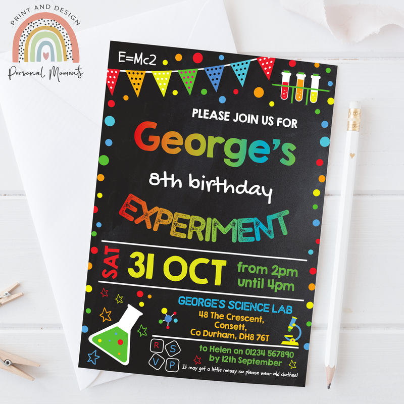 Personalised Science Lab Experiment Birthday Invitations for Boys