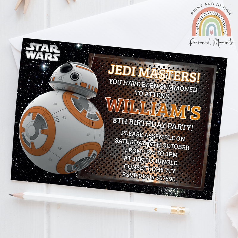 Personalised Star Wars Space Adventure BB-8 Birthday Invitations