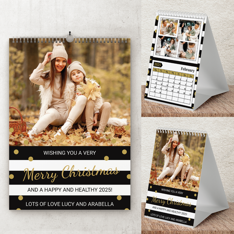 Personalised A5 Desktop Calendar 2025 – Black & White Stripes with Gold Polka Dots
