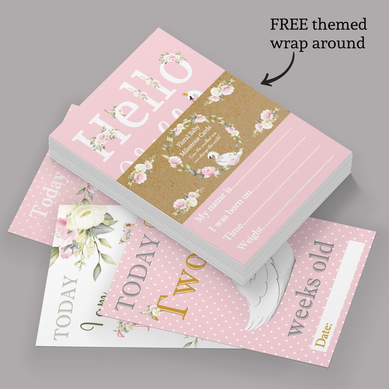 Vintage Pink Floral Botanical Boho Milestone Cards - Baby Girl Keepsake