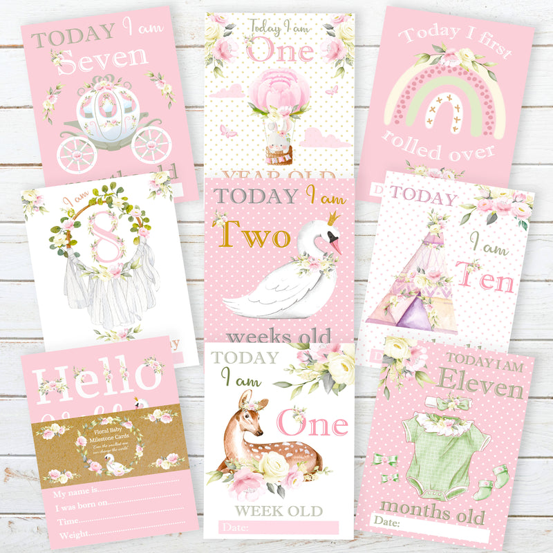 Vintage Pink Floral Botanical Boho Milestone Cards - Baby Girl Keepsake
