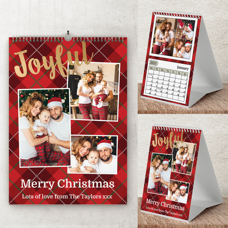 Personalised A4 Wall Calendar 2025 – Red Tartan & Joyful Christmas Design