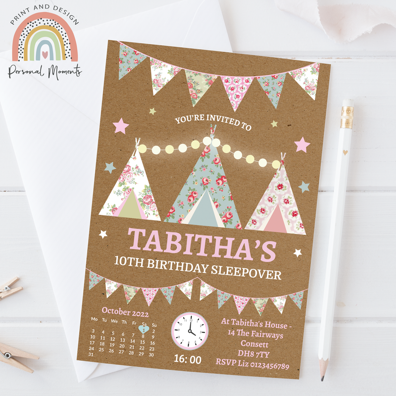 Personalised Rustic Teepee Sleepover Party Invitations - Floral Shabby Chic Pyjama Party Design
