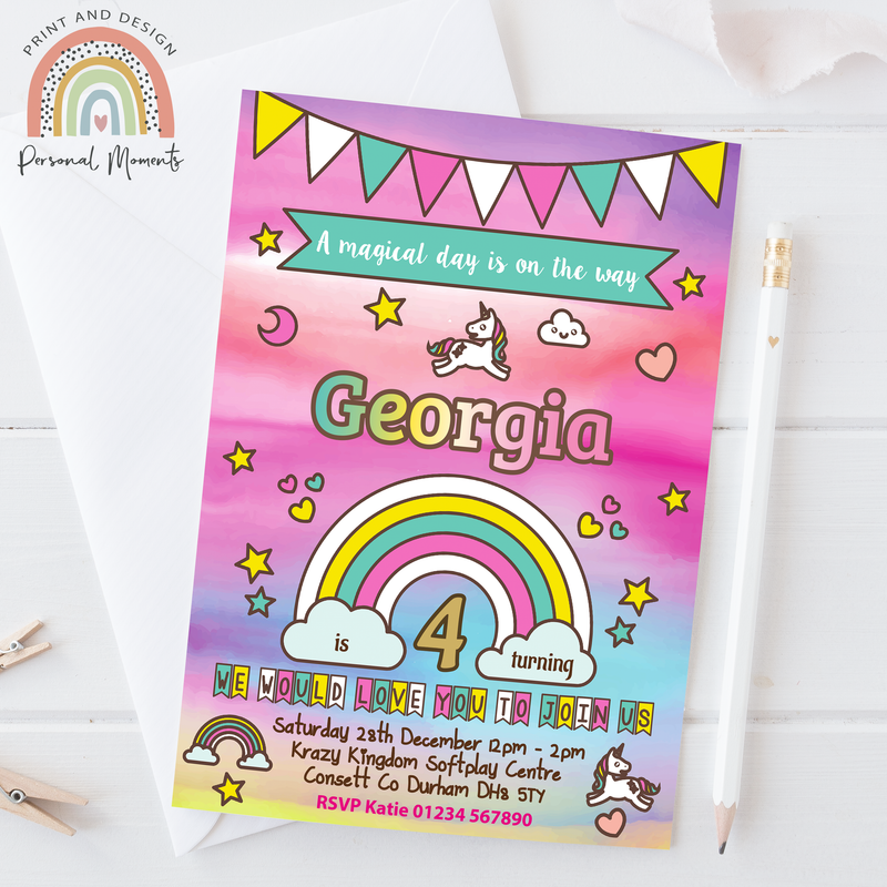 Personalised Unicorn & Rainbow Birthday Party Invitations for Girls