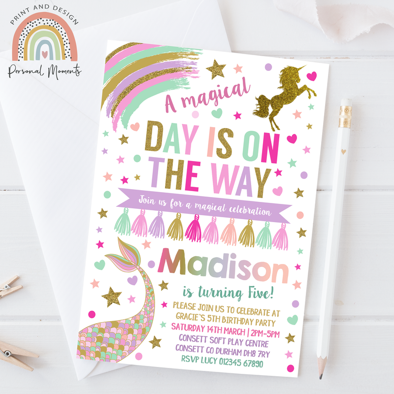 Magical Mermaid & Unicorn Birthday Party Invitations - Personalised for Girls