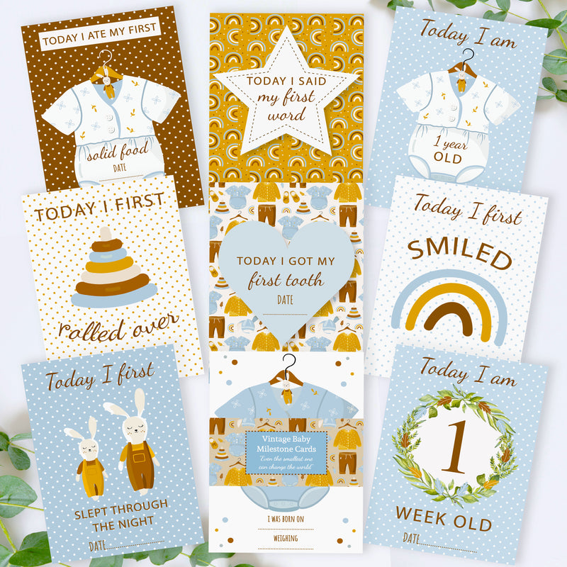 Vintage Boho Blue Baby Boy Milestone Cards - Perfect New Baby or Baby Shower Gift