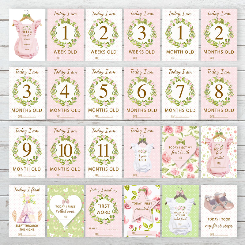 Vintage Boho Pink Baby Girl Milestone Cards - Pink Floral Keepsake