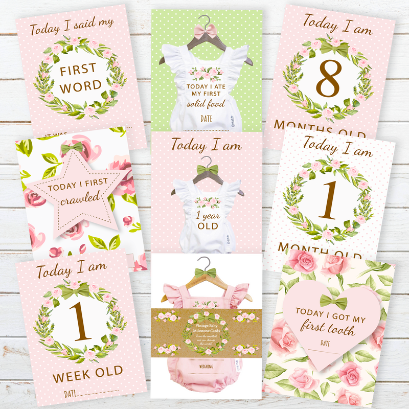 Vintage Boho Pink Baby Girl Milestone Cards - Pink Floral Keepsake