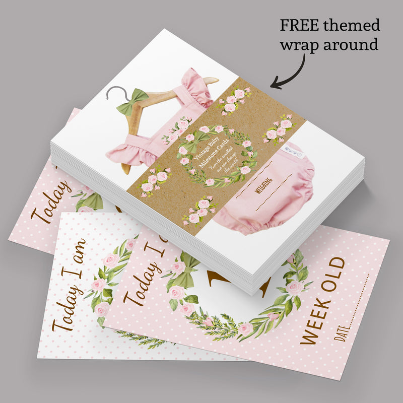 Vintage Boho Pink Baby Girl Milestone Cards - Pink Floral Keepsake