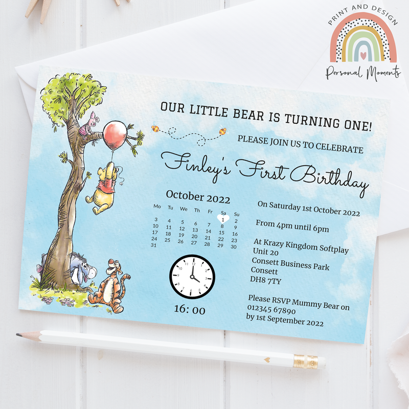 Personalised Pooh Bear Birthday Party Invitations - Winnie The Pooh Boy Invites