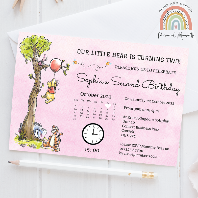 Personalised Winnie The Pooh Birthday Party Invitations - Pooh Bear Girl Invites