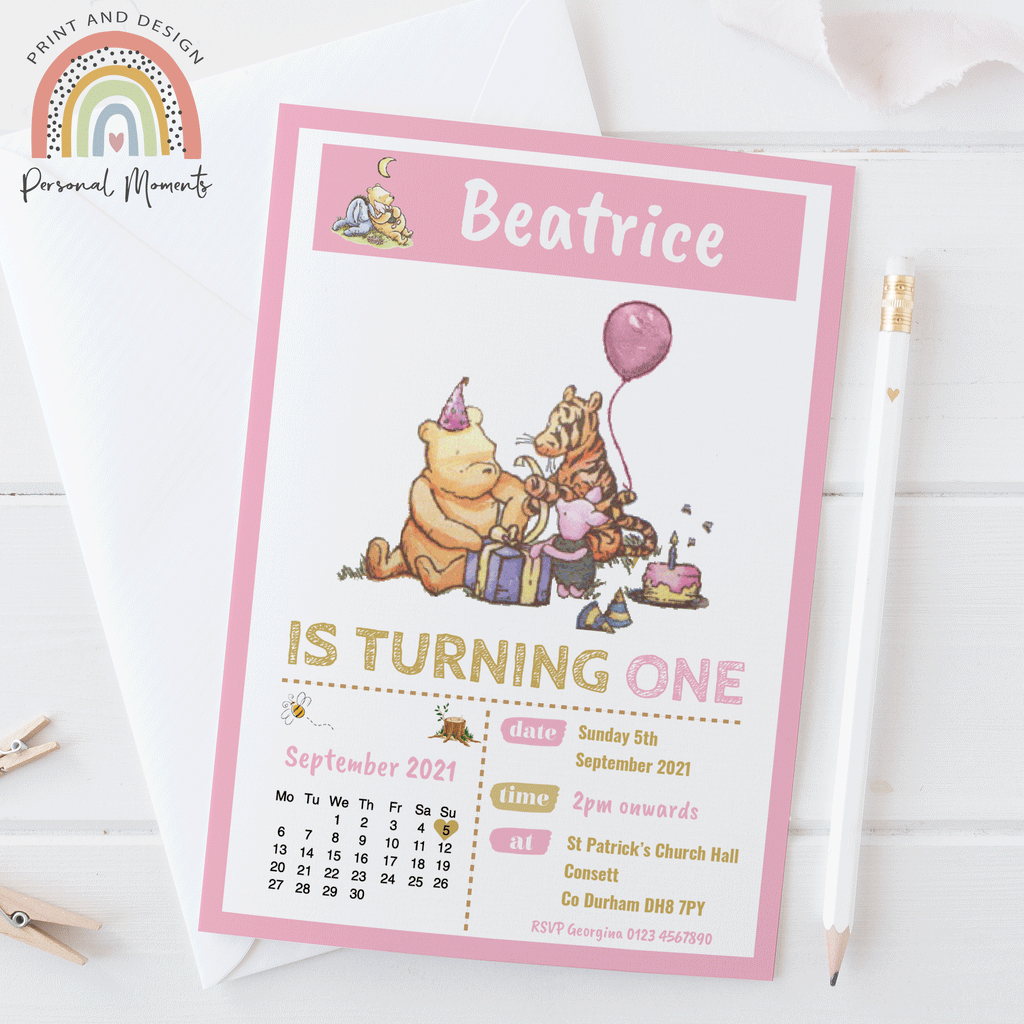 Personalised Girl Winnie The Pooh Invitations