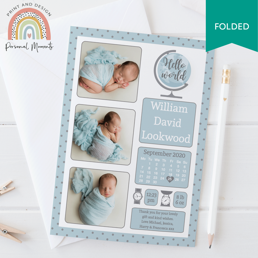 FOLDED hello world blue polka dot frame boy thank you card 