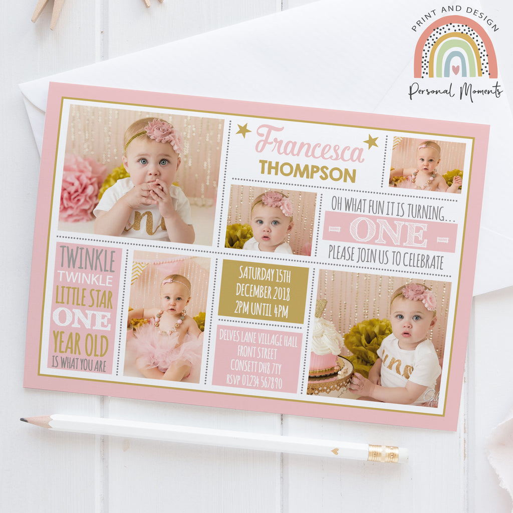Personalised multiple photo 1st birthday invitations for girl