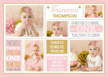 Personalised pink and gold photo 1st birthday invites