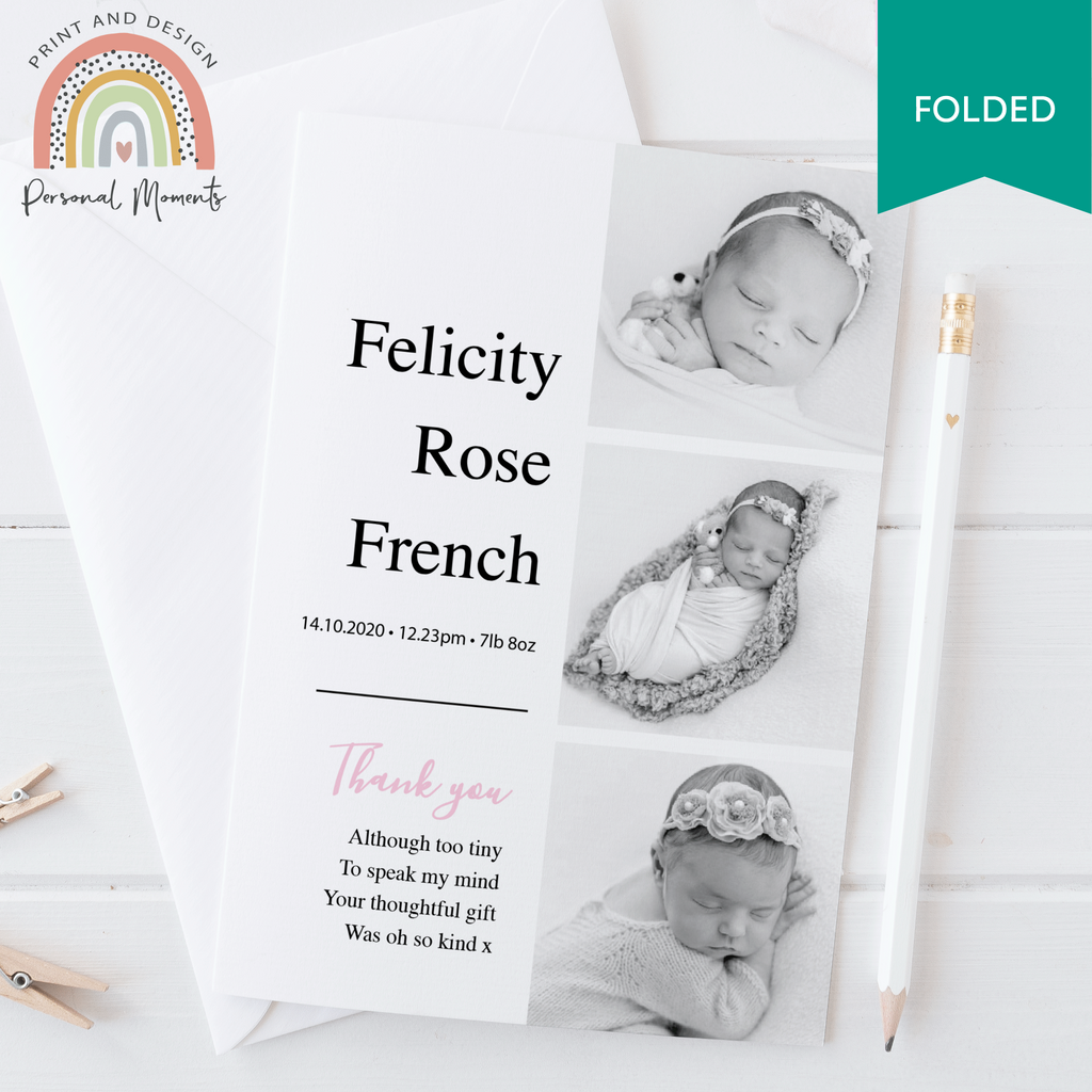 FOLDED girl black and white baby thank you card