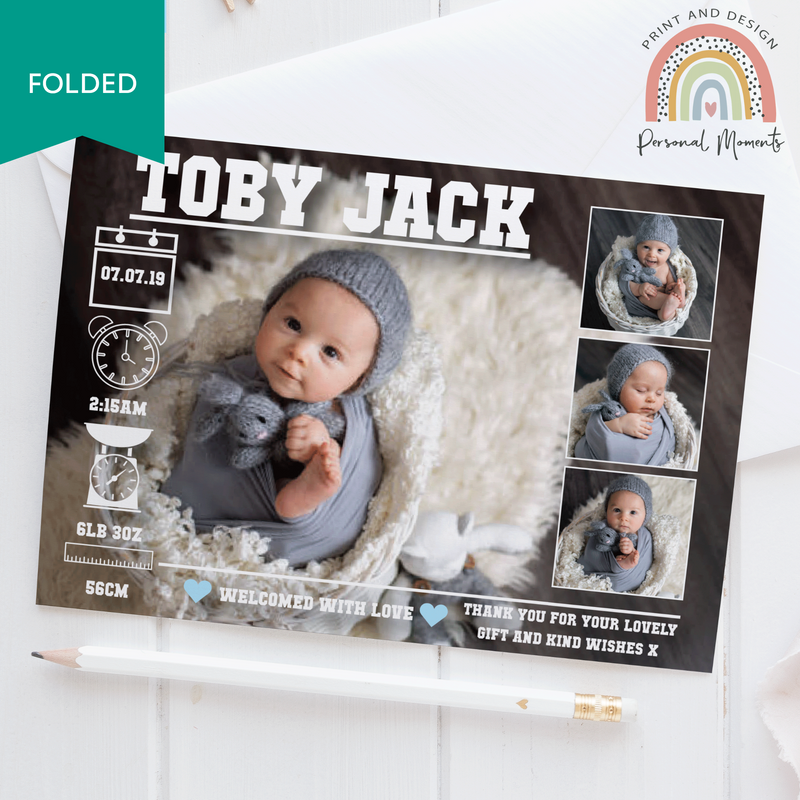 FOLDED Personalized New Baby Boy Thank You Cards with Photo | Custom Baby Thank You Notes