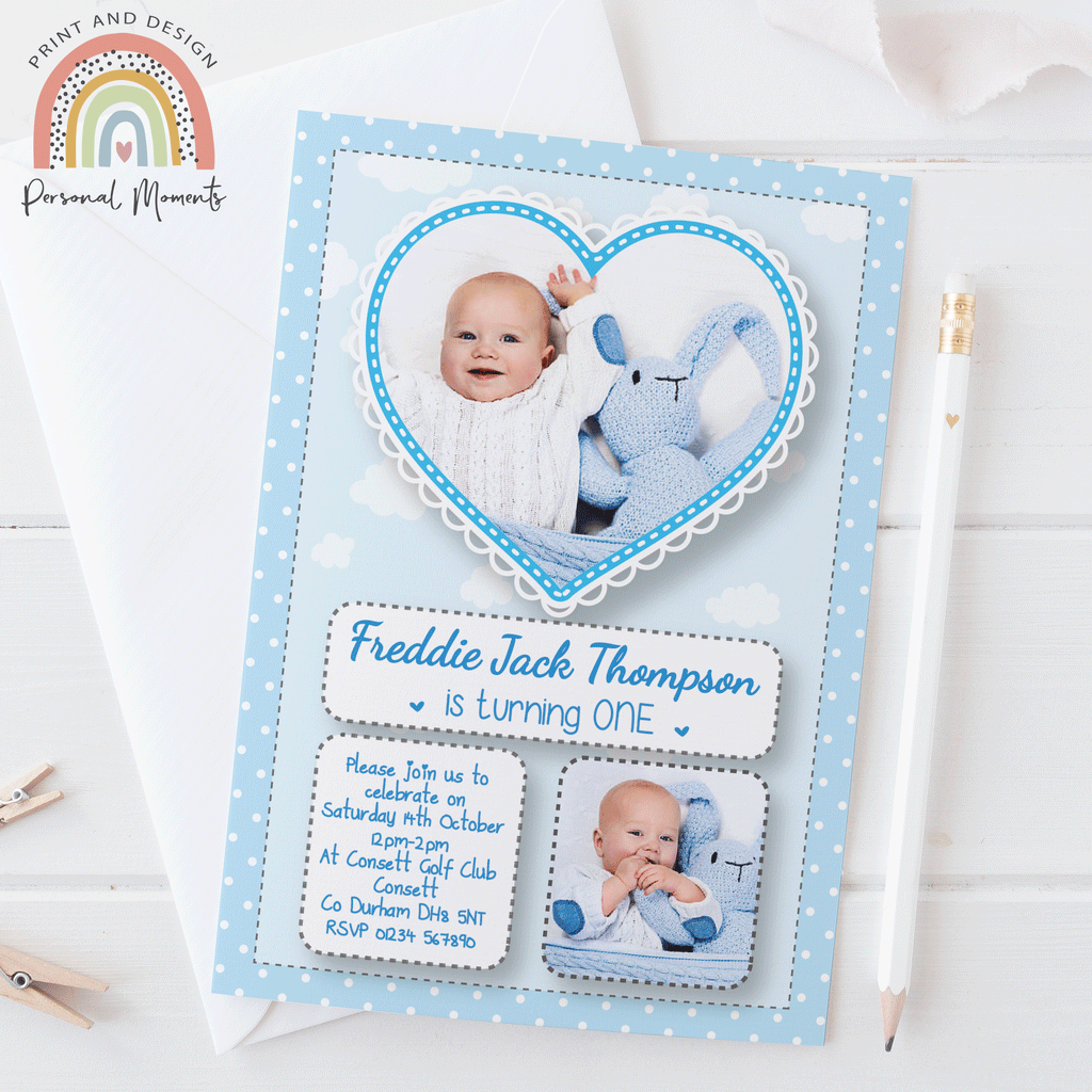 Personalised Blue Cloud 1st Birthday Invitations