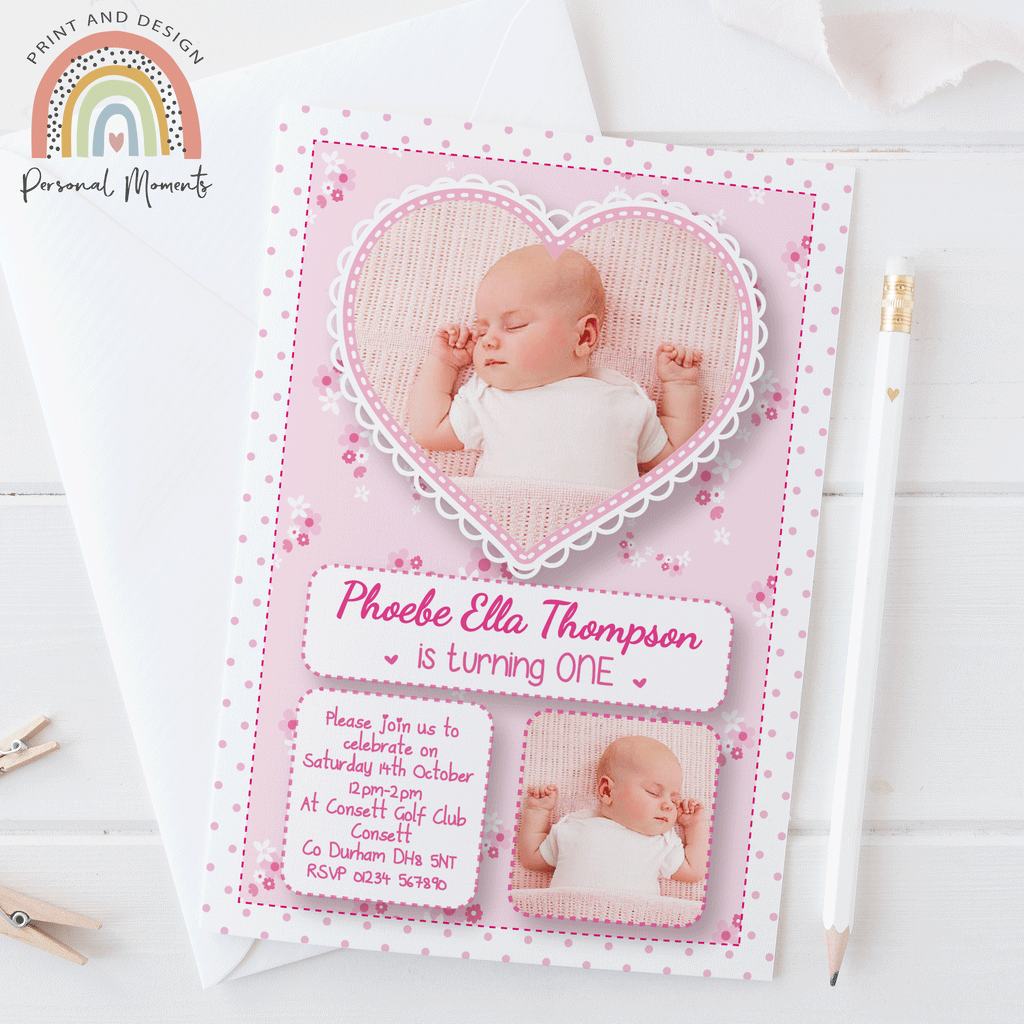 Personalised pink cloud 1st birthday invitations