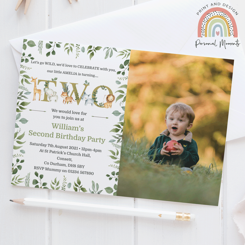 Personalised Leaf Jungle 2nd Birthday Photo Invitations