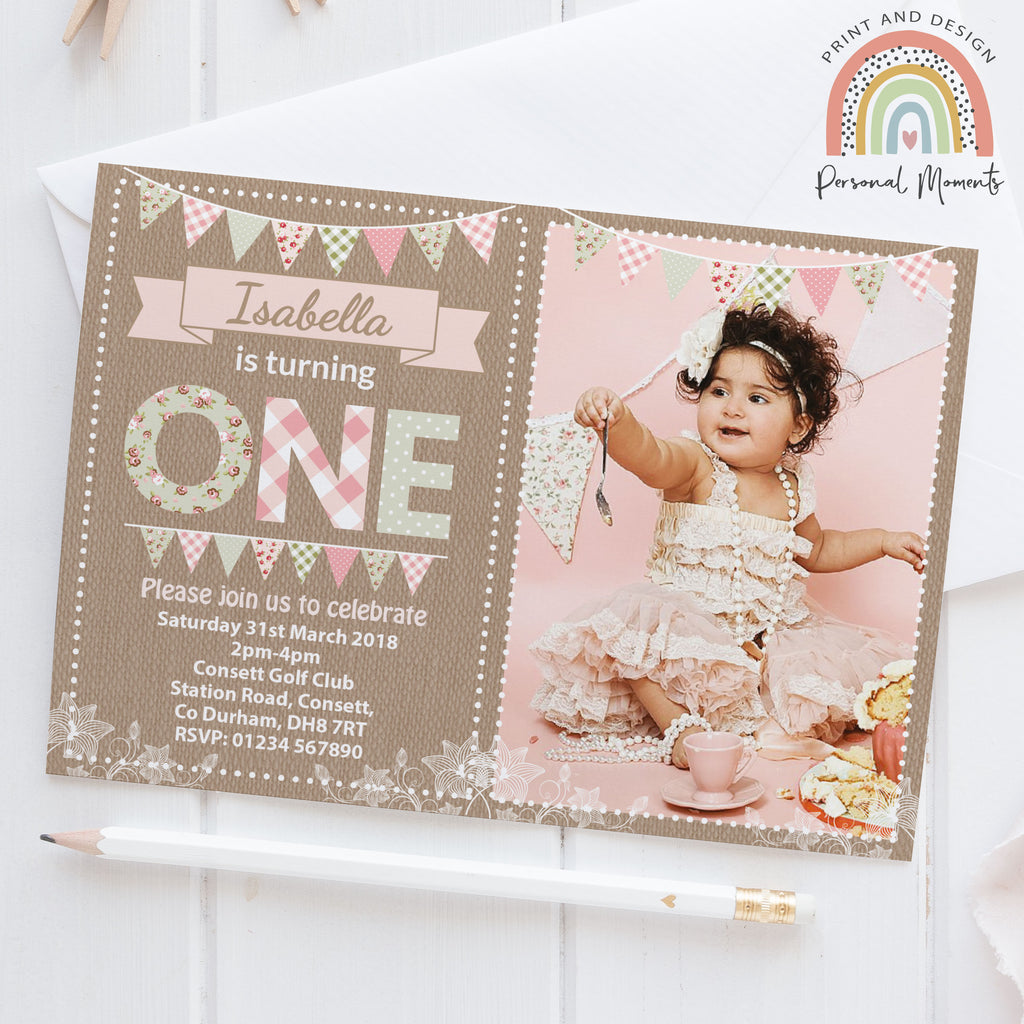 Personalised Vintage Girl 1st Birthday Party Invitations With Photo