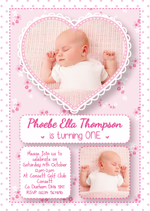 Personalised girl 1st birthday invites with photo cloud design