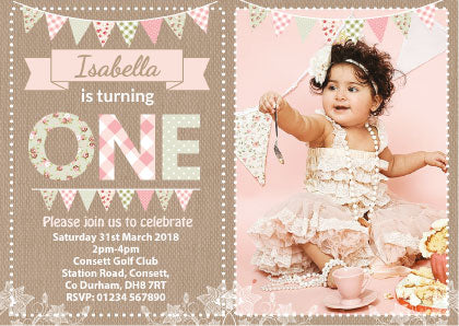 Personalised Pink Vintage Bunting Girl Invites