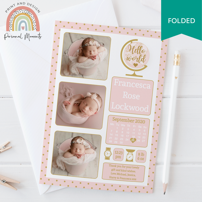 FOLDED pink polka dot girl thank you card 