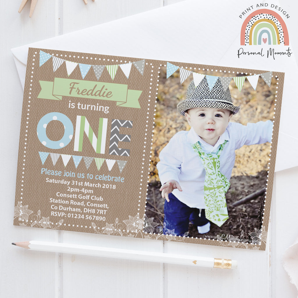 Personalised Vintage Boy 1st Birthday Party Invitations With Photo