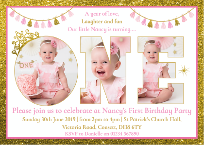Personalised Pink and Gold Photo 1st Birthday Invites