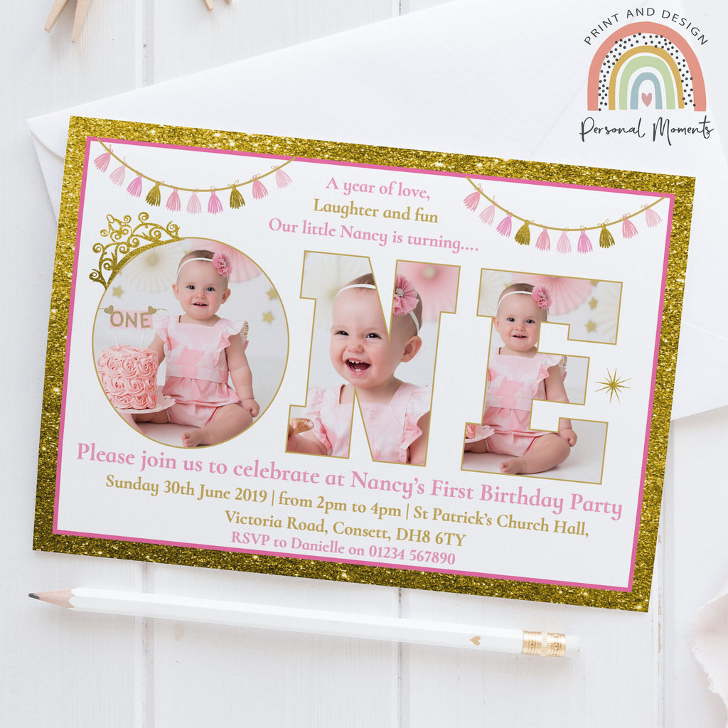 Personalised Pink and Gold 1st Birthday Invitations