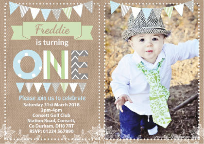 Personalised Blue Vintage Bunting Boy Invites