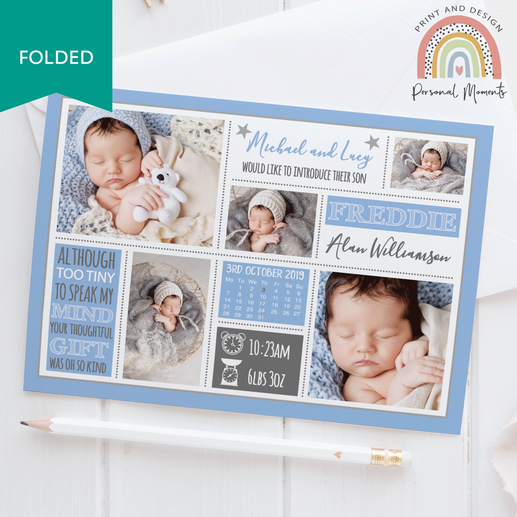 Baby Boy Personalised Announcement Cards FOLDED