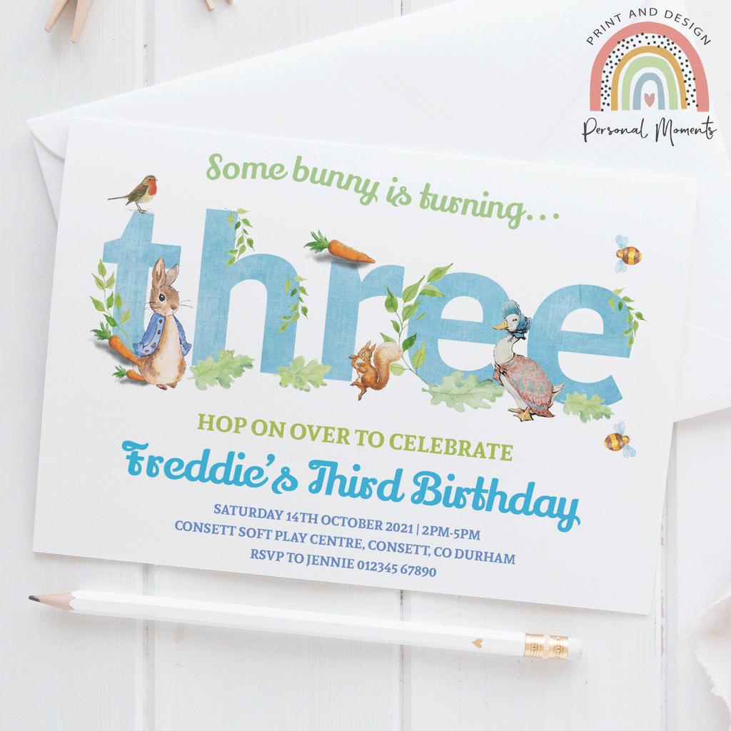 Blue Personalised Peter Rabbit 3rd Birthday Invitations