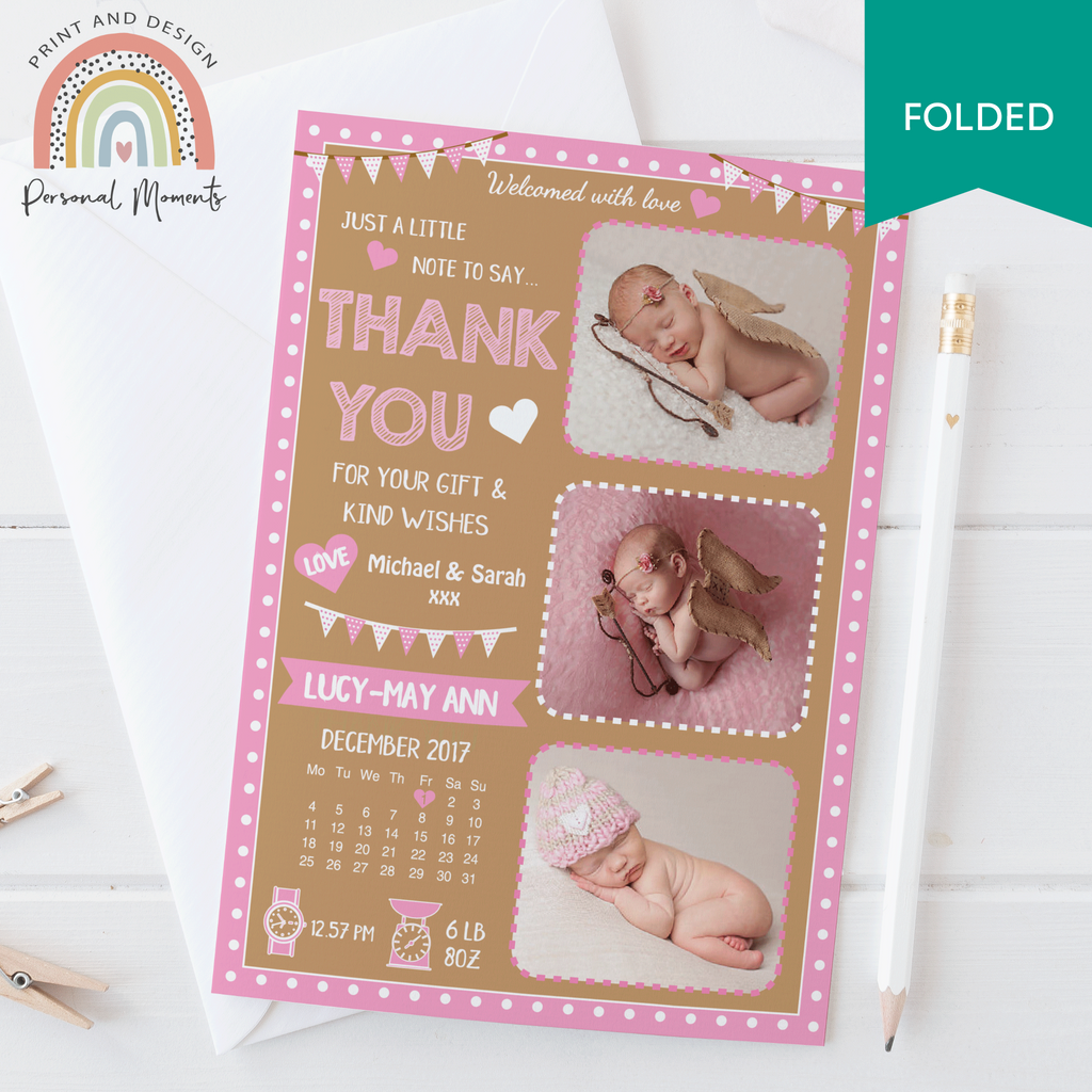 FOLDED Baby Girl Welcomed with love thank you card 