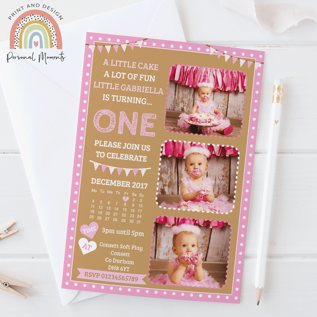 Personalised Girl Cake Smash 1st Birthday Invitations