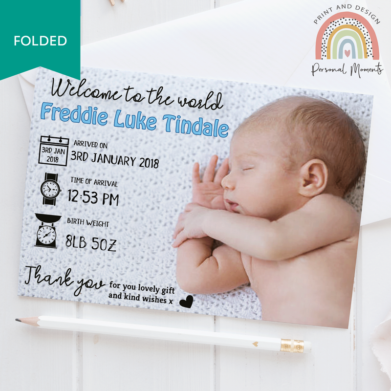 FOLDED Personalize Baby Boy Thank You Cards with Your Own Photo | Personal Moments | Fast Delivery