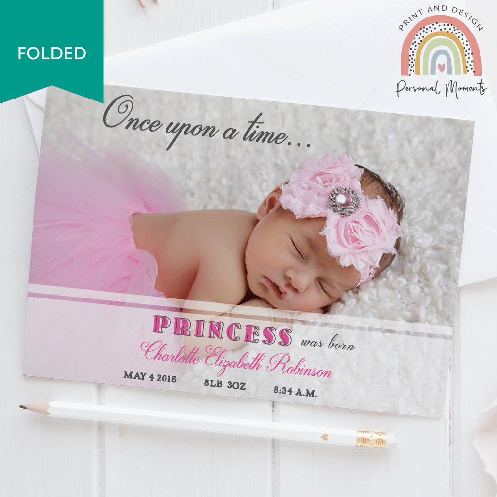 Personalised Princess Was Born Thank You Card FOLDED 