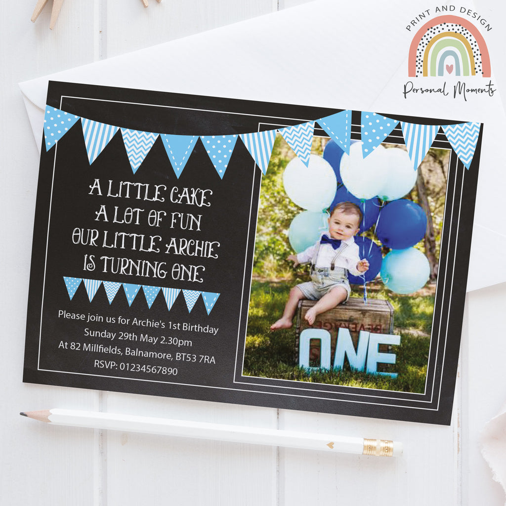 Personalised Blue Bunting Photo 1st Birthday Invitations