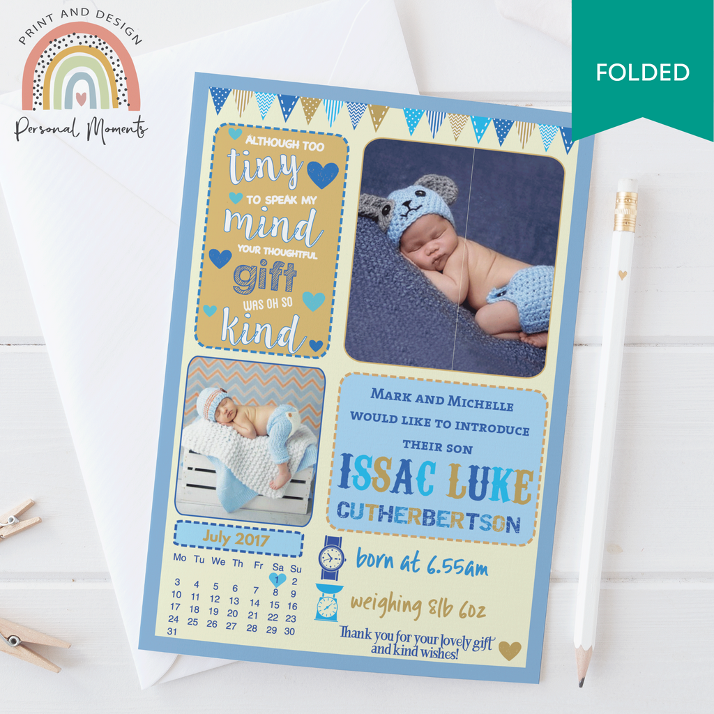 Blue And Yellow Baby Boy Thank You Card FOLDED 