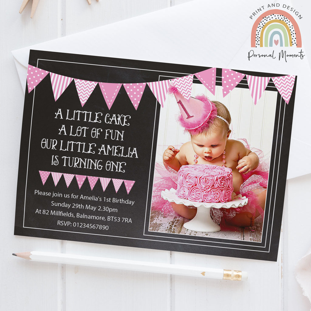 Personalised Pink Bunting Photo 1st Birthday Invitations