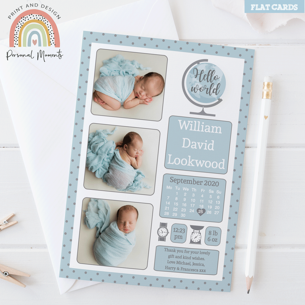 Hello world blue polka dot frame baby boy thank you card 